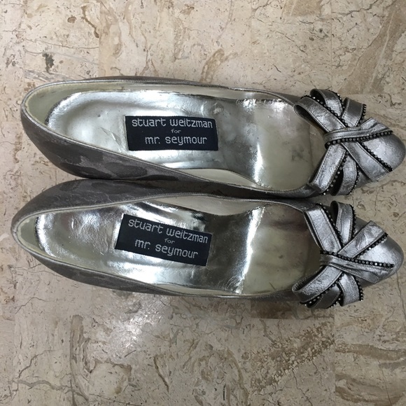 Vintage Elegant Silver Slip On Pump Pointed Toe Bow Size 6 - Picture 5 of 10